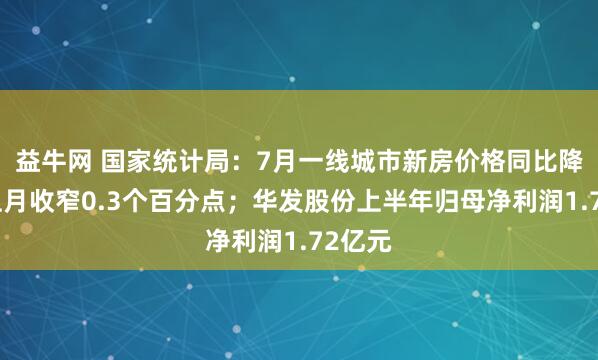 益牛网 国家统计局：7月一线城市新房价格同比降幅较上月收窄0.3个百分点；华发股份上半年归母净利润1.72亿元